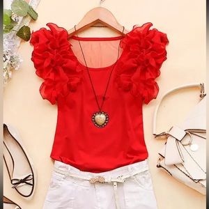 Red ruffle sleeve sheer top  T shirt top